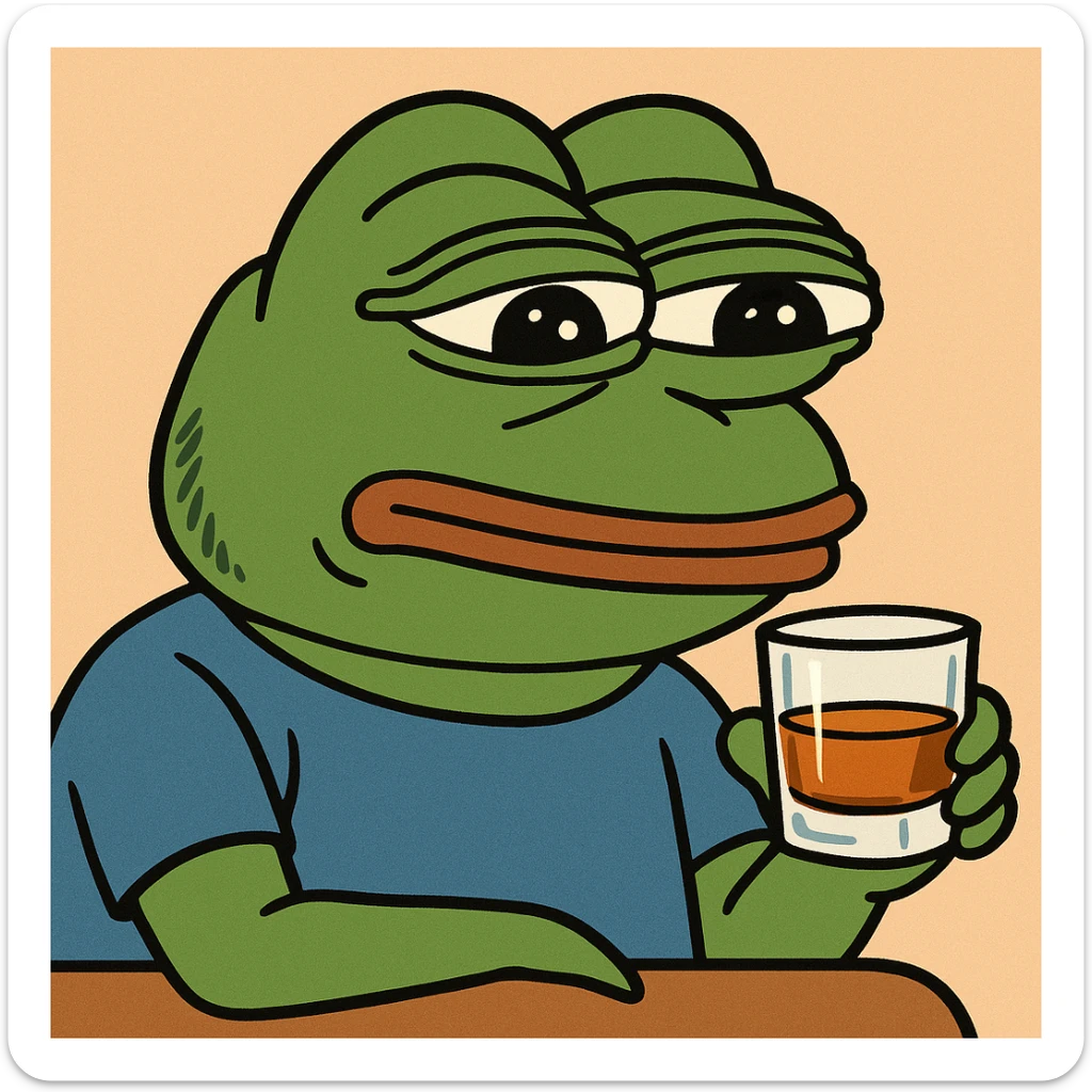 Pepe the Frog sitting and sipping whiskey from a glass, in pepe meme style sticker