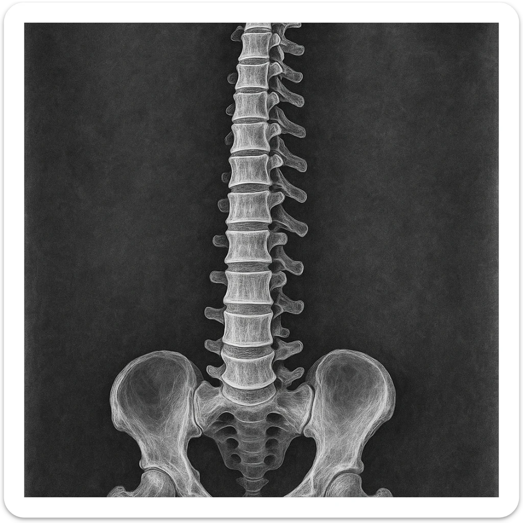 detailed X-ray style illustration of a human spine, monochrome, medical look sticker