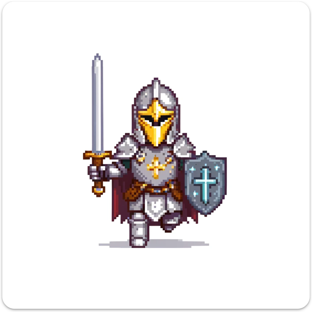 running paladin knight in shining armor with holy symbols and a sword sticker