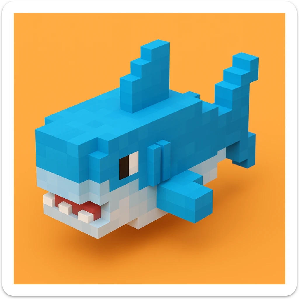voxel style shark, isometric, blocky, playful, blue and gray colors sticker