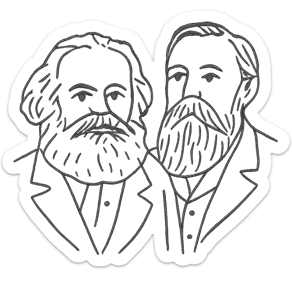 a black outline portrait of Karl Marx and Engels together based on a famous portrait of them, with eyes the same size sticker