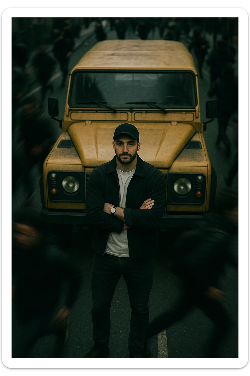 An aerial cinematic shot of me leaning against a yellow land rover defender on the street, wearing a t-shirt under a black jacket. A blurry crowd of people running around me. Gloomy lighting, 35mm film style, shallow depth of field, sharp focus on me.  sticker