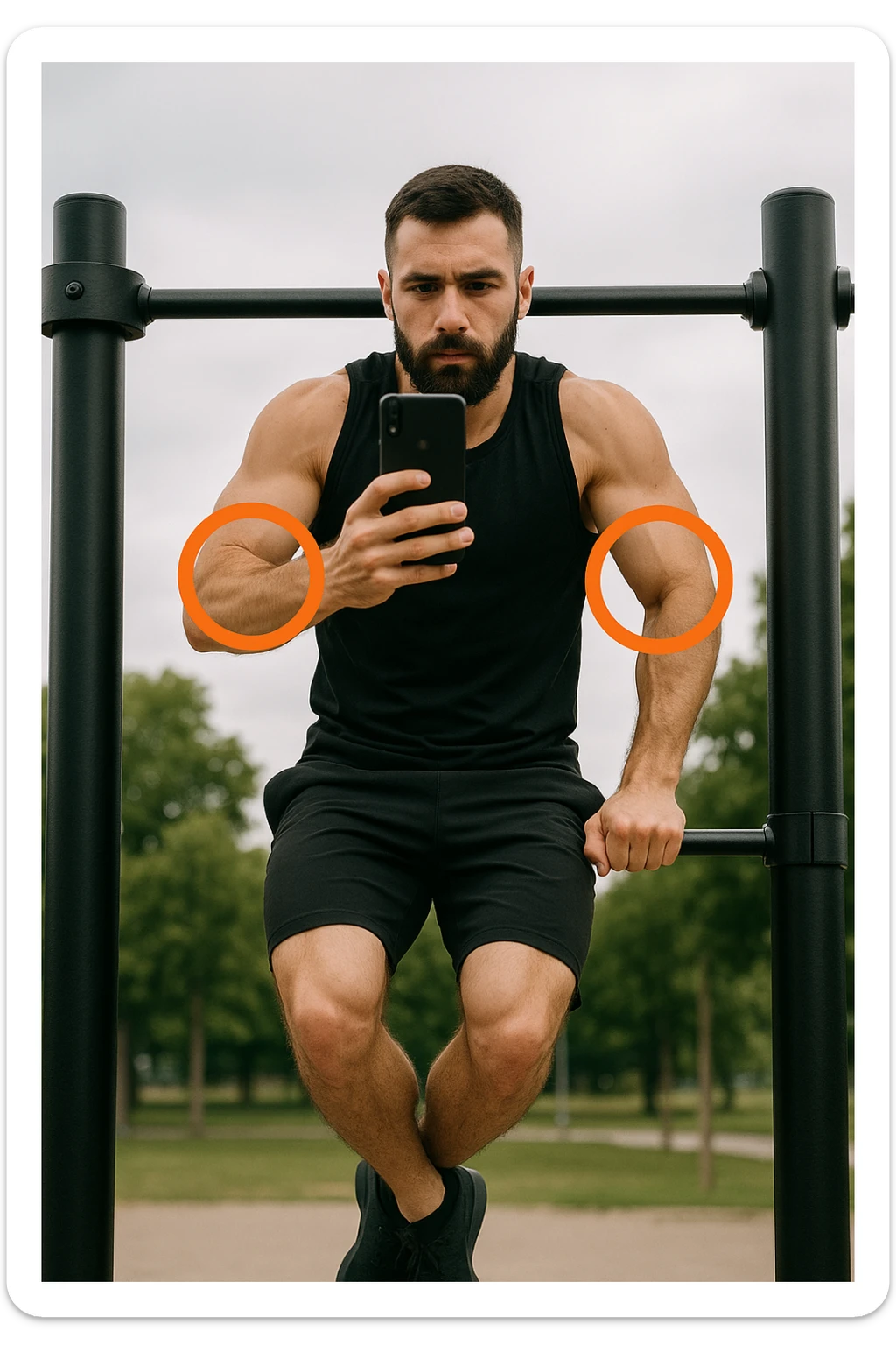 uomo che fa Muscle up e si sta filmando davanti con il telefonino per vedere la sua posizione dei gomiti e delle mani sulla sbarra, fai dei cerchi per indicara i gomiti sticker