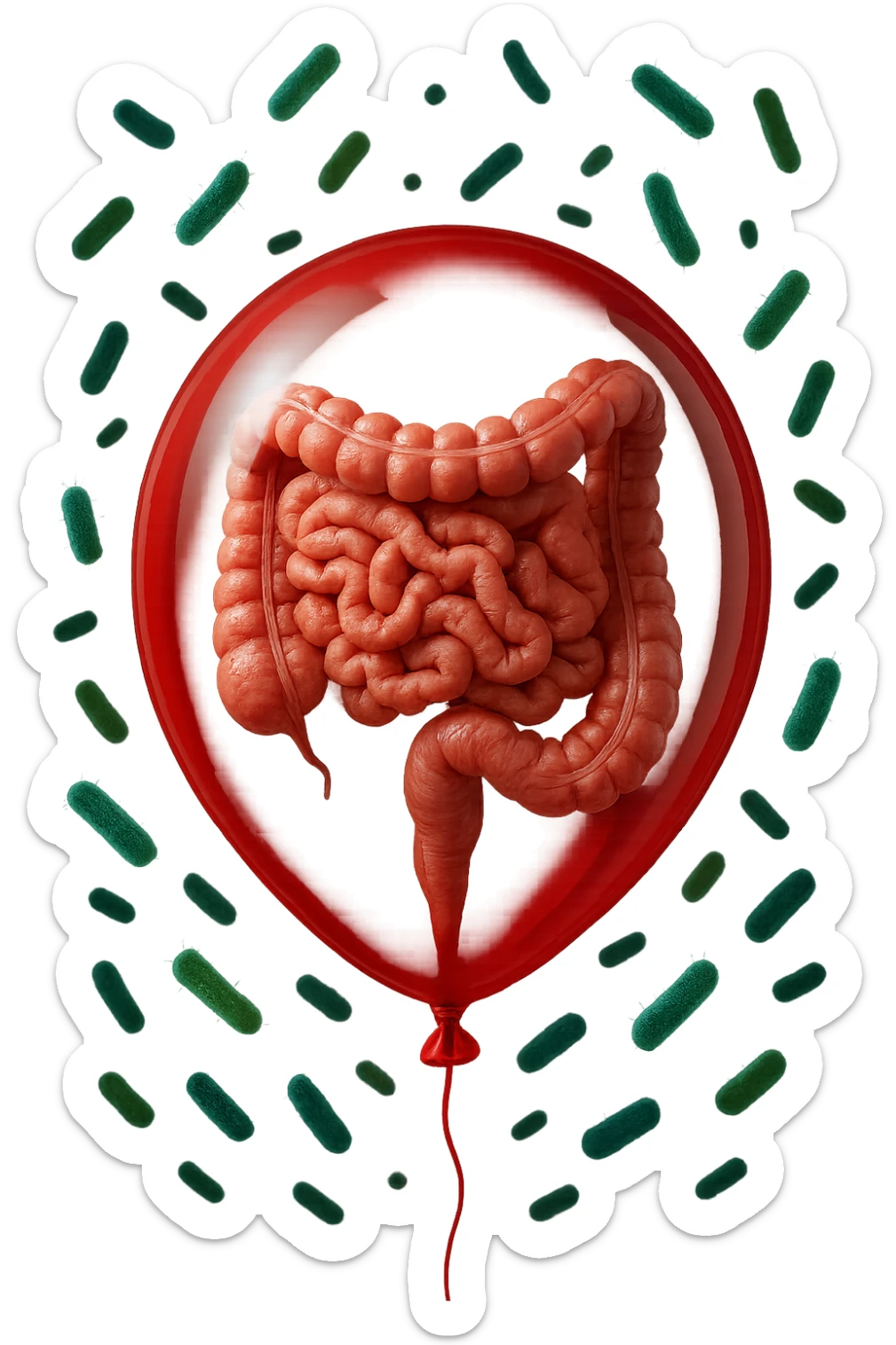 intestino umano anatomico chiuso in un palloncino rosso con batteri intestinali che fluttuano intorno, iperrealistico 4k sticker