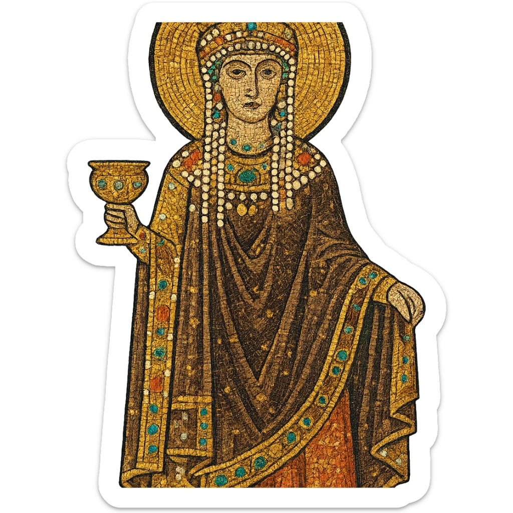 Empress Theodora in Byzantine regalia, mosaic art style, gold and jewel tones sticker