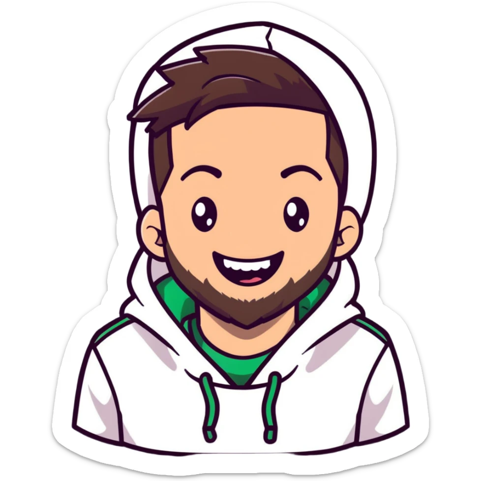 laughing guy with white hoodie, white t-shirt underneath, green eyes, dark brown undercut hairstyle and a short full beard sticker
