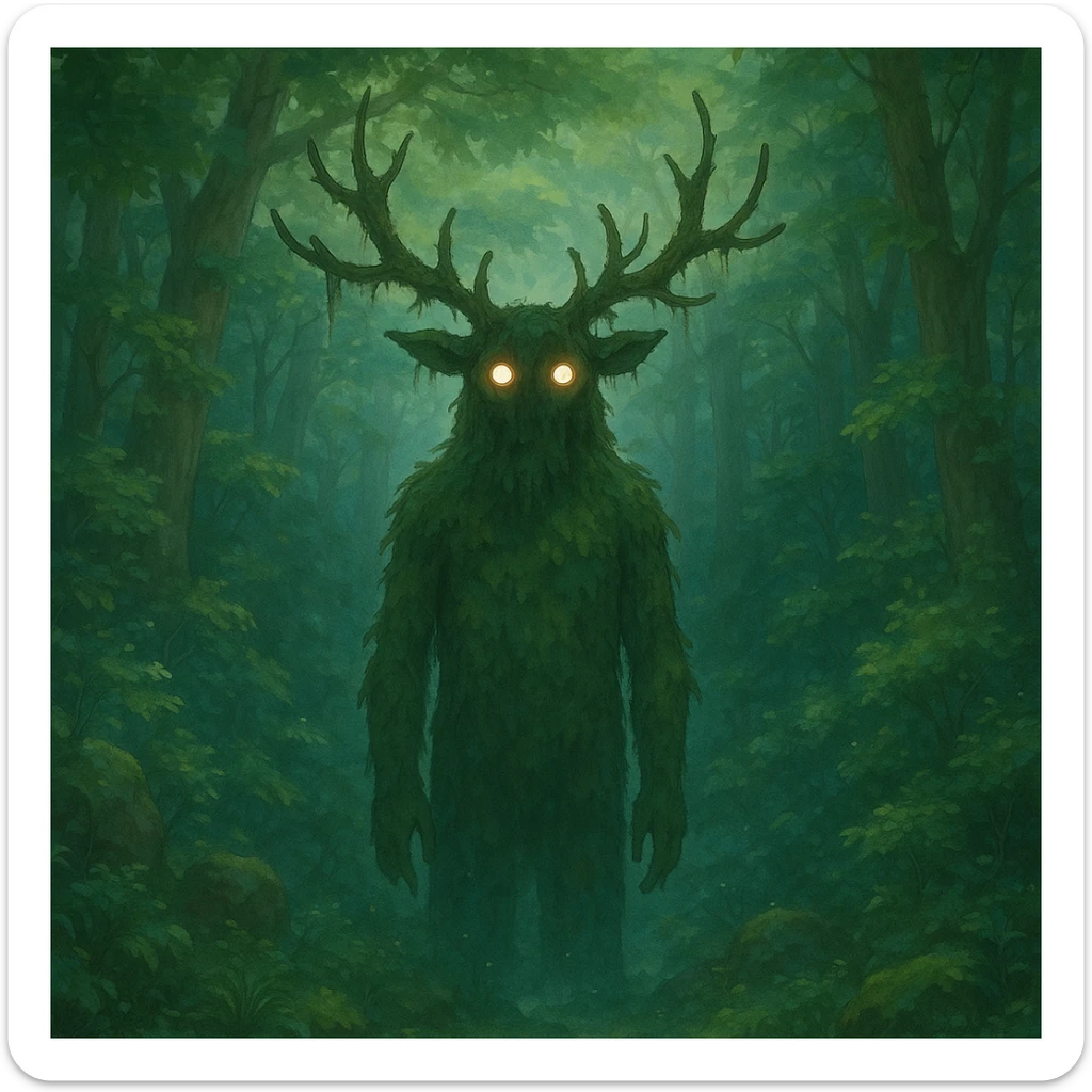 forest spirit with glowing eyes in ghibli style, mystical, ethereal, detailed environment sticker