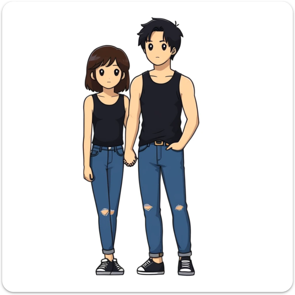 A girl with long brown hair holding the hand of a boy with short black hair, she wearing a black tank top with flared blue jeans, he wearing a black t-shirt with grey jeans, couple in love sticker