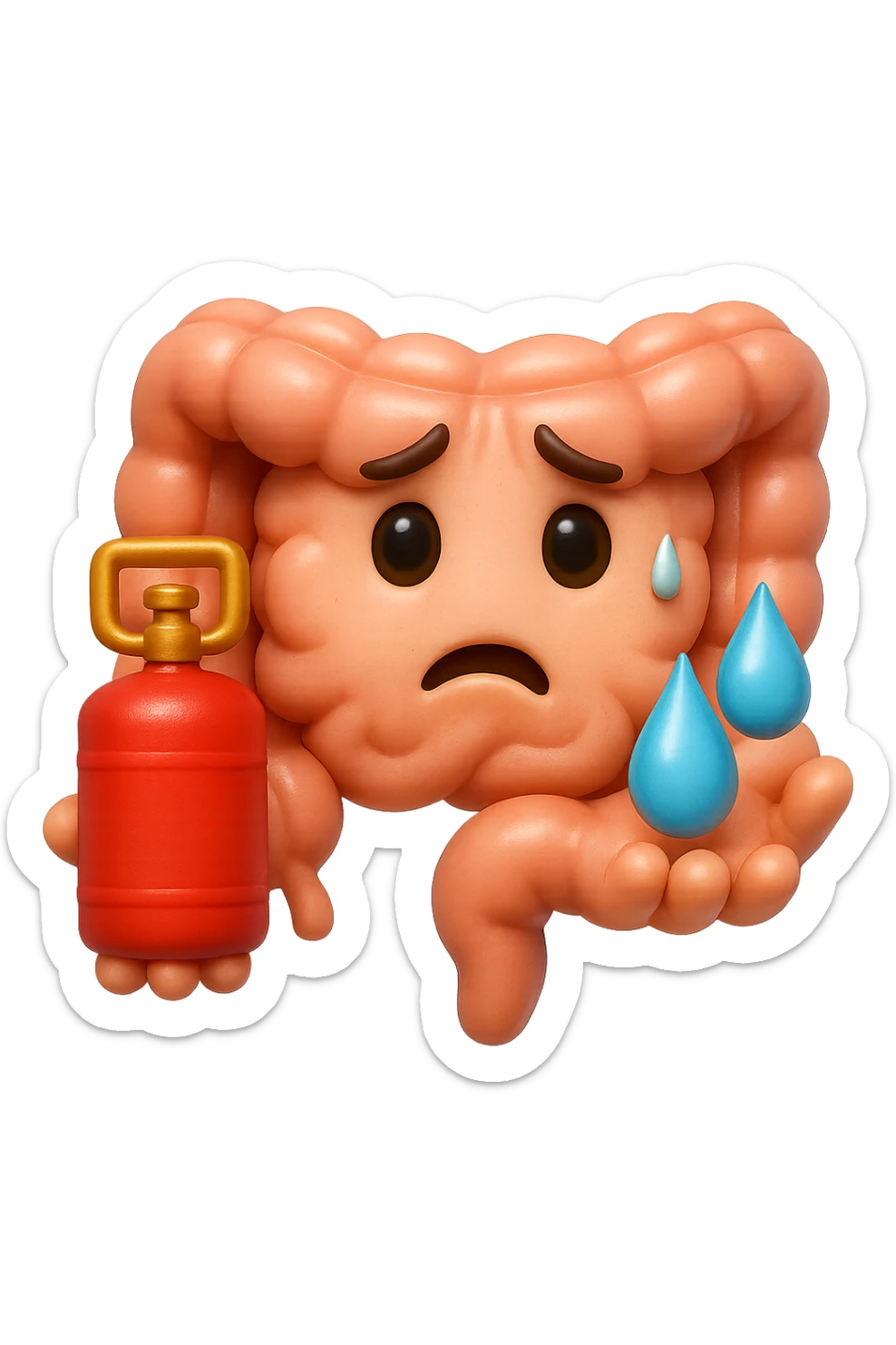 EMOJI STILE IPHONE DI un'intestino preoccupato che ha una bombola di gas in mano e due gocce di acqua in 3d nell'altra mano, IPERREALISTICO 4K sticker