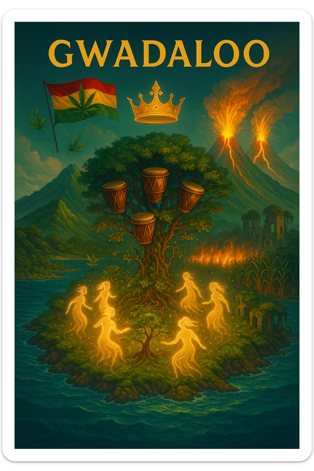 “Depict a mystical reimagining of Guadeloupe, a sacred French Caribbean island renamed Gwadaloo in spiritual rhythm. The landscape blends lush green mountains, twin volcanoes erupting golden light, and deep turquoise sea. In the center stands a legendary Drum Tree — its branches grow carved wooden drums instead of fruit, and glowing ancestral spirits dance around it in a circle of rhythm. Sugarcane fields burn gently in the background, symbolizing the release of colonial pain, while ganja leaves drift in the wind like blessings. Overhead, a sacred ganja-leaf flag flutters in the sky with red, green, and gold colors. A Creole crown floats in golden light above the island, not on any man’s head, but pulsing to the beat of the land. In the distance, ghostly ruins of colonial buildings crumble into dust, reclaimed by vines and time. Use a vibrant, cinematic color palette with warm golden light, deep greens, glowing reds, and ocean blues. Style the scene as prophetic, surreal, and empowering — a vision of Caribbean sovereignty, rhythm, and soul remembrance." sticker