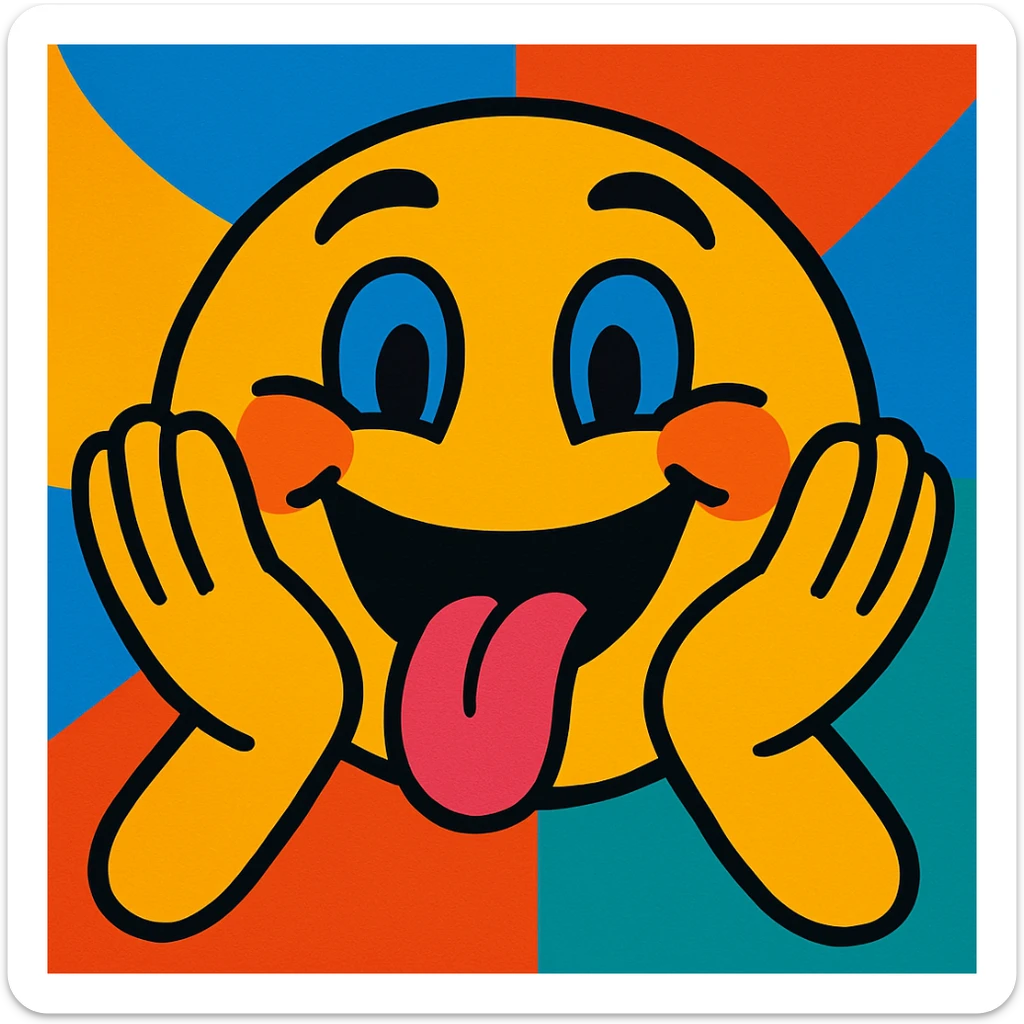 happy face with tongue out and hands on both sides of the face, vibrant toon style sticker