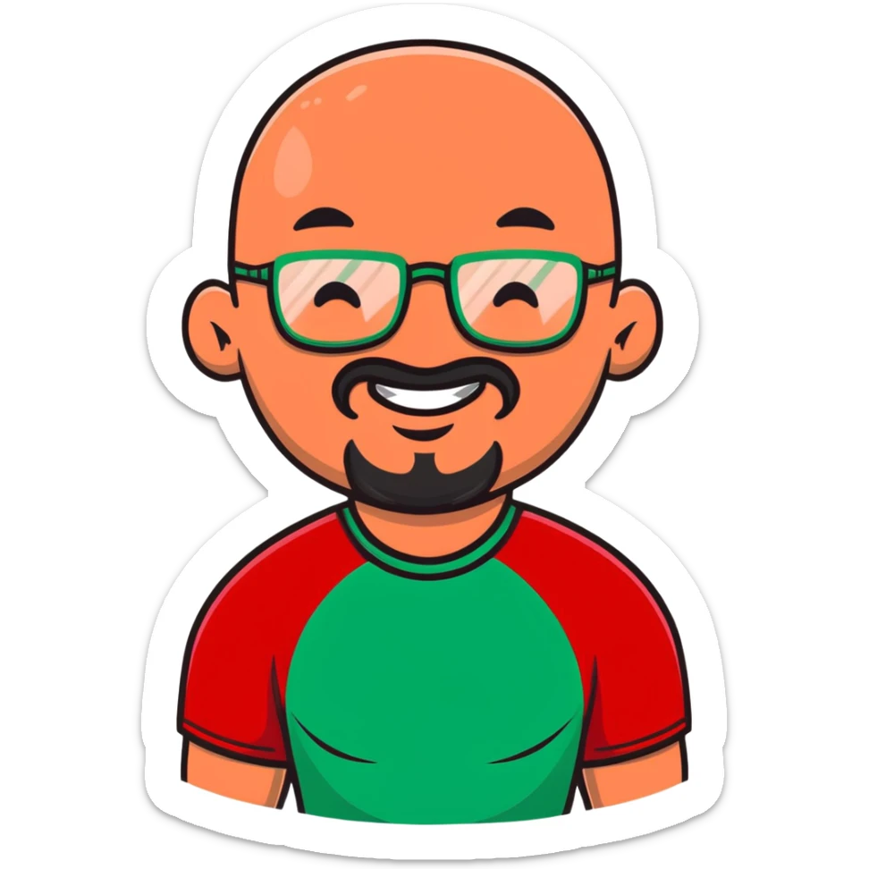 muscular bald man with red goatee and glasses, smiling, wearing a green shirt sticker