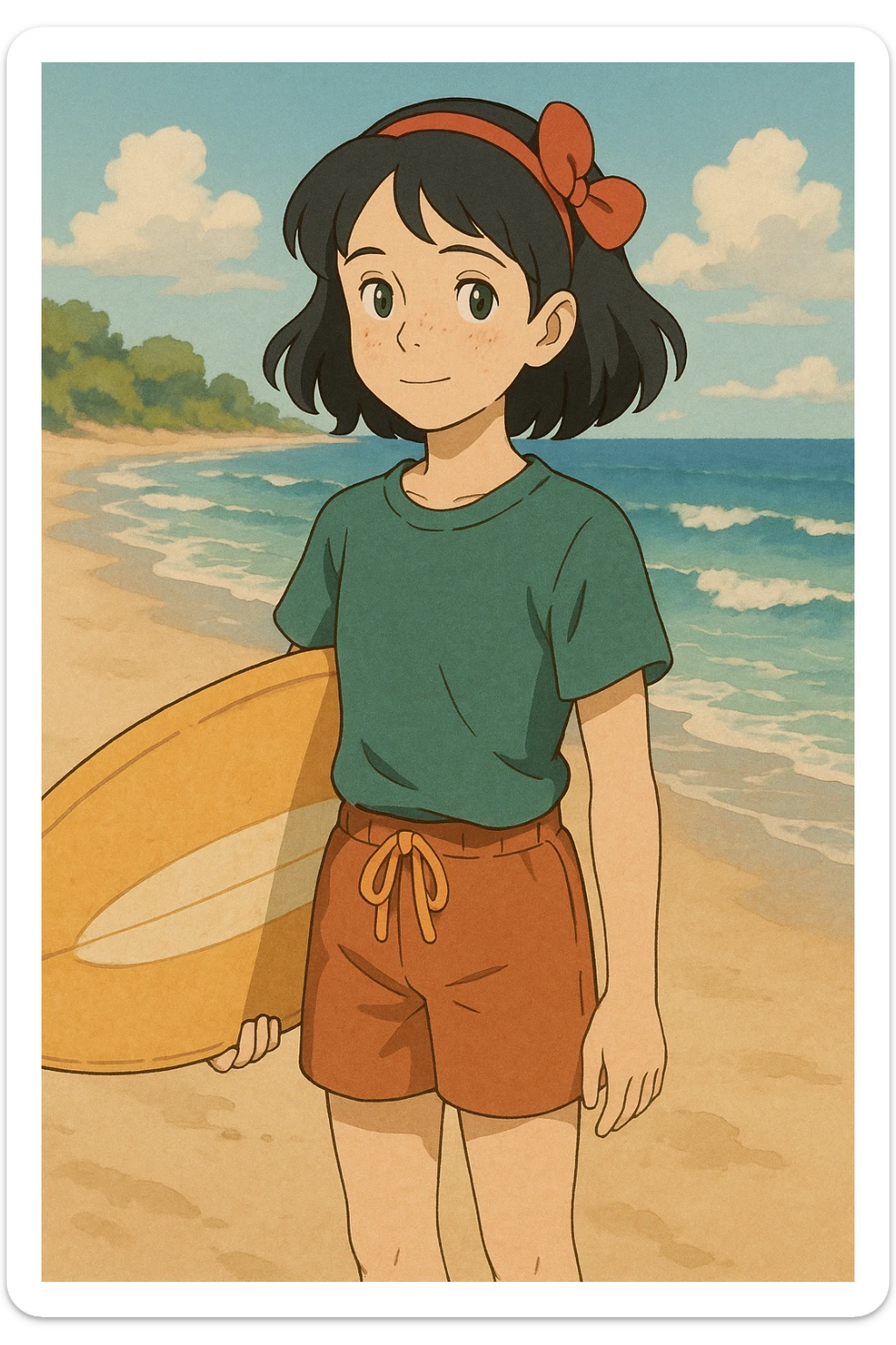 14-year-old girl resembling Snow White, hair slightly below shoulders, small green eyes, some freckles, surfer, medium height, Ghibli style sticker