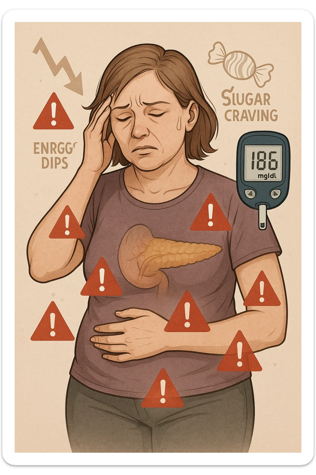 "Woman struggling with worsening insulin sensitivity, blood sugar spikes visualized as red warning signals throughout her body, expression of energy crashes and sugar cravings, pancreas working overtime shown in transparent overlay, pre-diabetic progression despite dietary efforts, metabolic syndrome symptoms accumulating, glucose meter showing increasingly concerning readings" scritte in italiano sticker