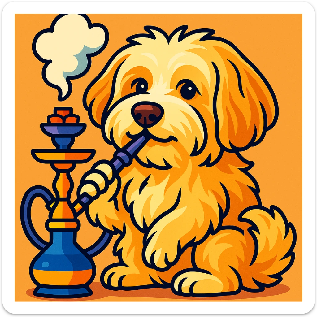 Make this dog smoking shisha, keep the dog's likeness and add a shisha pipe with smoke in a fun, colorful style sticker