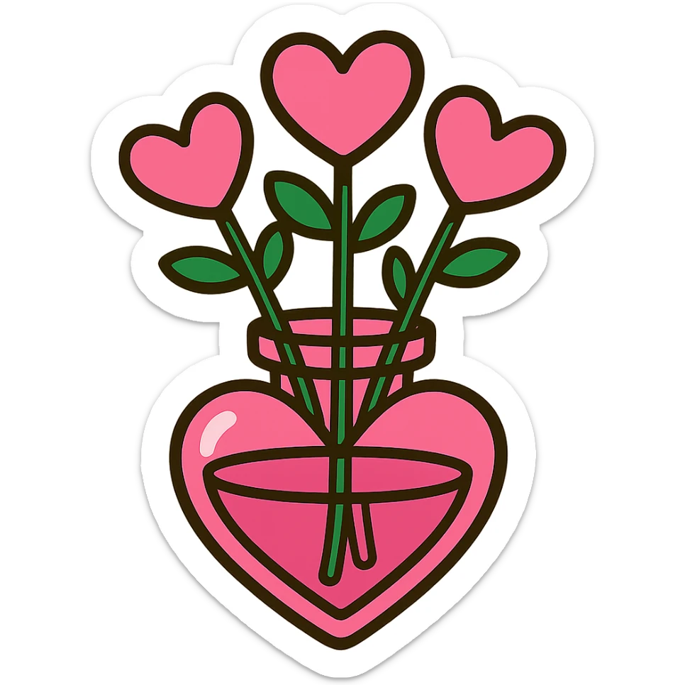 glass vase shaped like a pink heart, holding pink heart-shaped flowers, vibrant cartoon style sticker