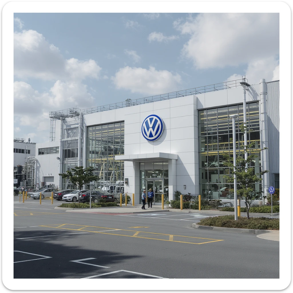 Realistic Volkswagen factory exterior, large industrial building with Volkswagen logo, parking lots filled with cars, factory grounds with machinery and equipment, realistic lighting and shadows, industrial atmosphere, workers in uniforms walking around sticker