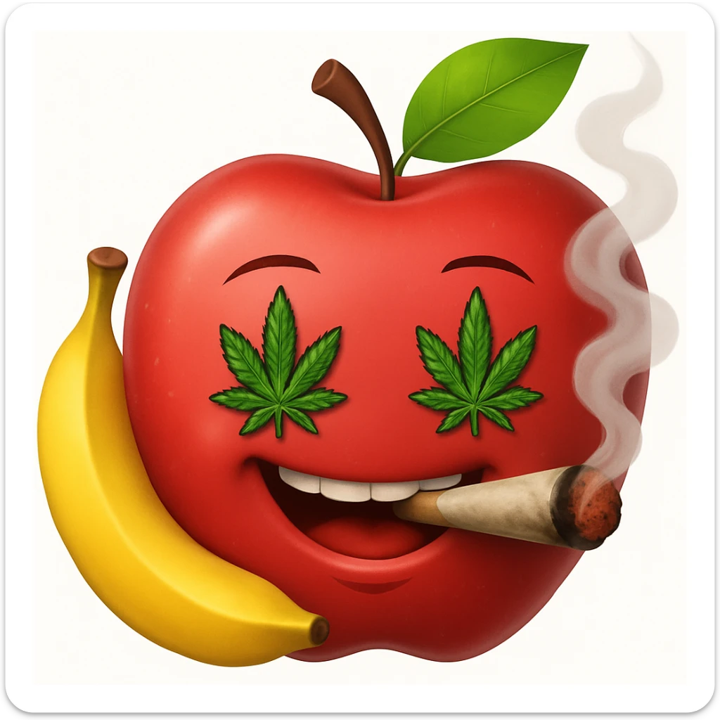 Add a cartoon joint with smoke to the smiley face made of apples as eyes and a banana as the mouth. Make it look like the face is smoking weed, keep the emoji style. sticker