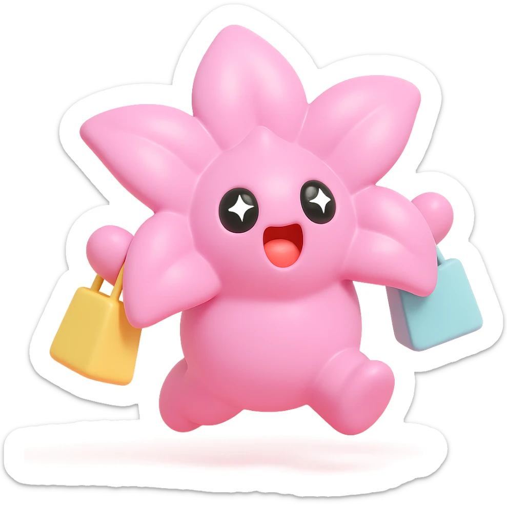 pastel magenta lily flower with sparkling eyes and open mouth, jumping with joy while holding shopping bags, round and bouncy, vinyl figure style sticker