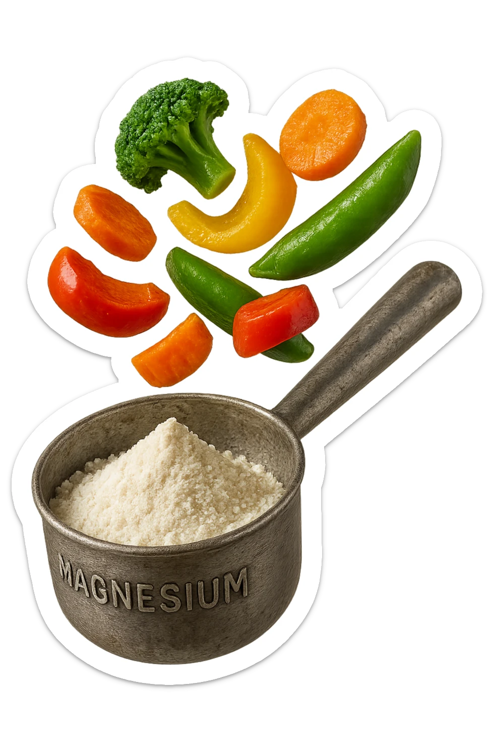 BOCCETTA DI MAGNESIO E VERDURE COTTE FLUTTUANO IN ARIA, IPERREALISTICA 4K sticker