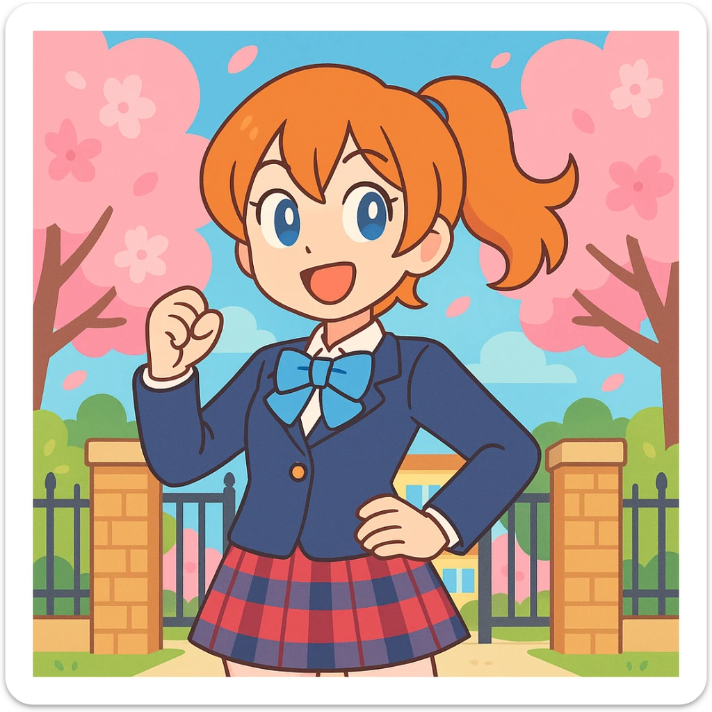 cheerful anime schoolgirl with orange hair, blue eyes, school uniform, spring cherry blossoms, confident pose, lively school gate background, Love Live! style sticker
