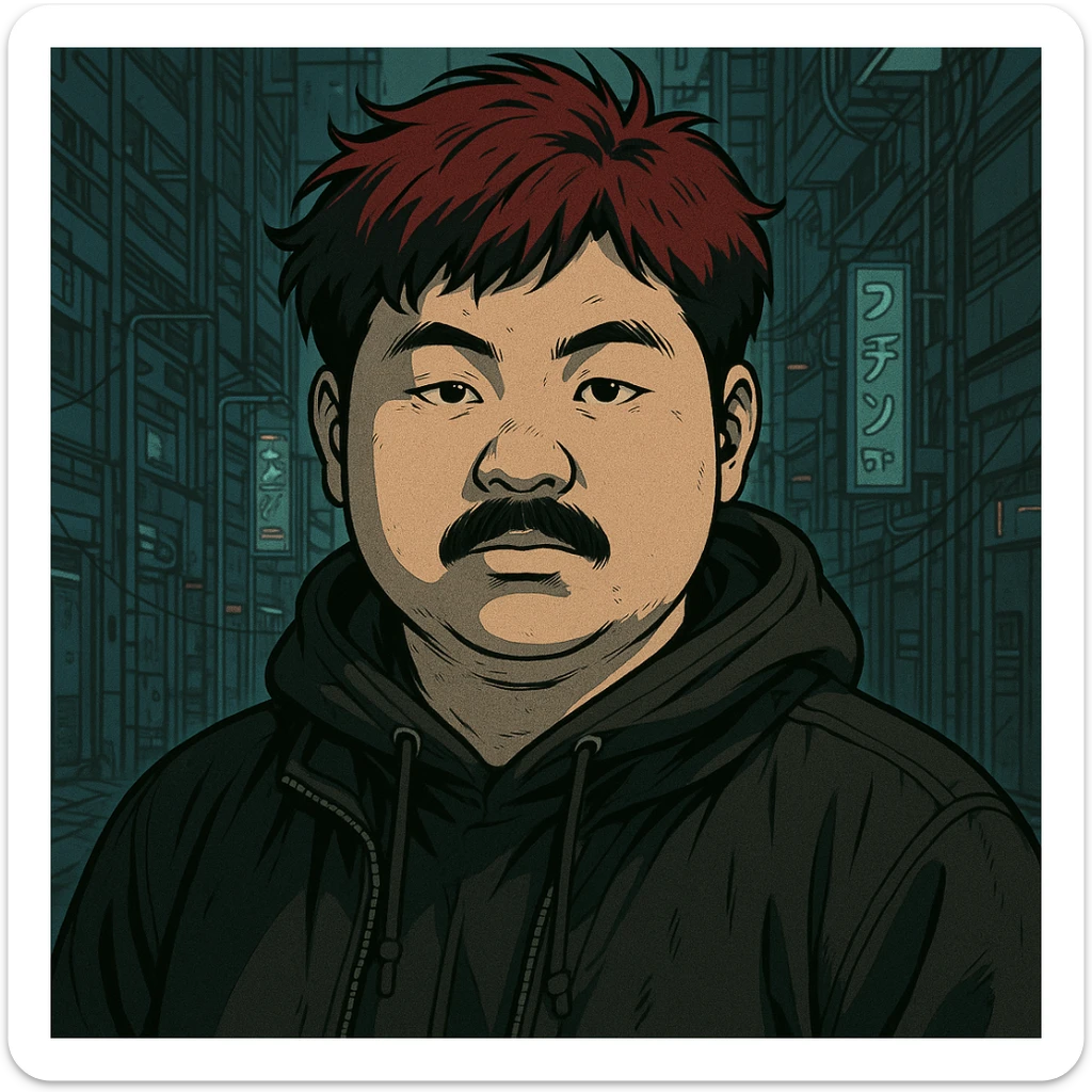 Asian man with a round face, black mustache, red hair, black hoodie, Japanese manga style inspired by Ghost in the Shell, more anime-like features, cyberpunk atmosphere, detailed linework, subtle color accents sticker