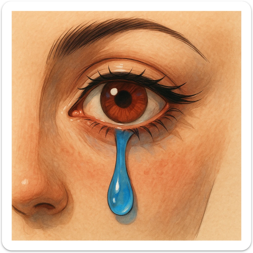 Illustration of a crying female eye with clear contours, shadows, and highlights. The skin around the eye is beige, the iris is brown-red, and the tear is blue-light blue. Preserve expressiveness and detail in the illustration style. sticker