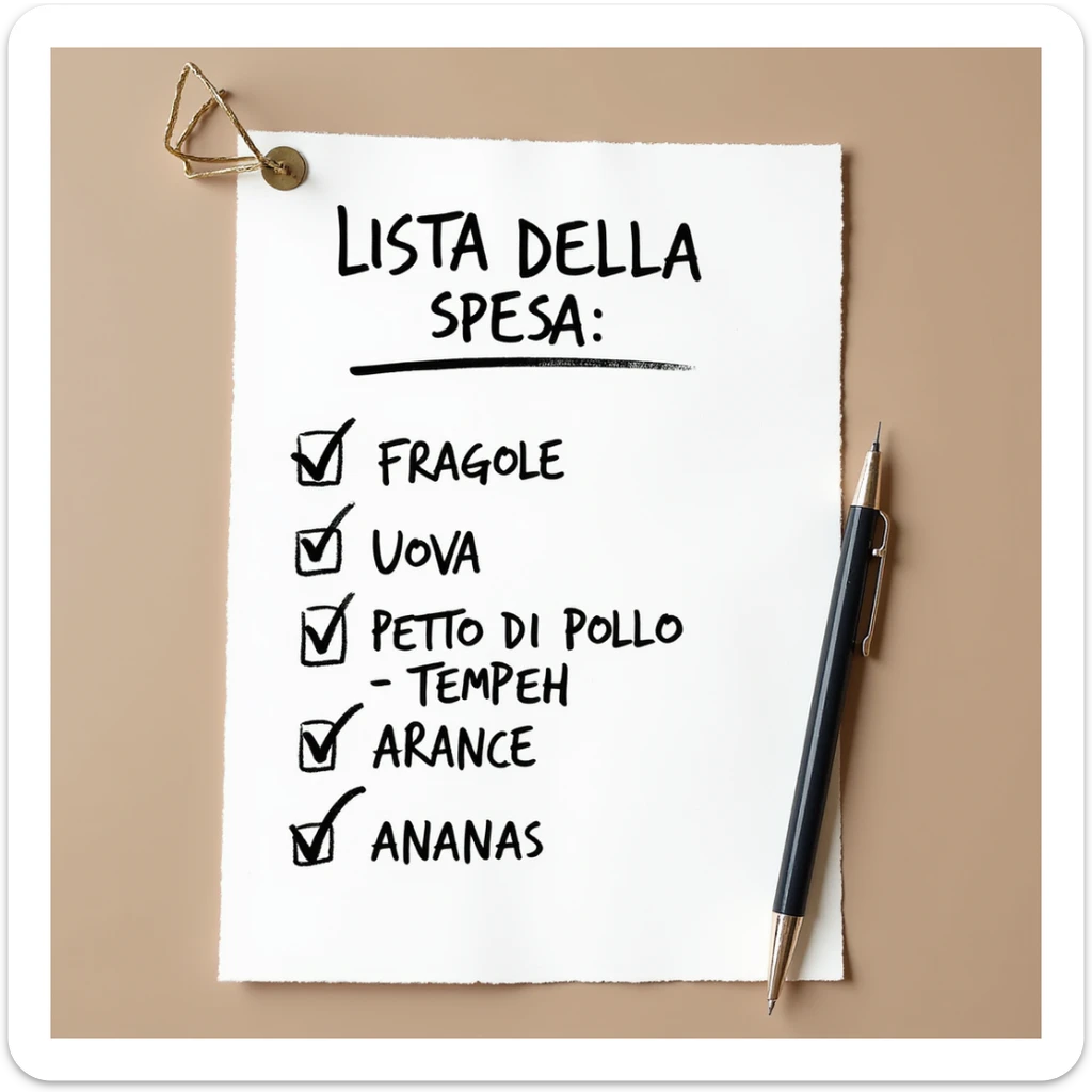 top view of a sheet of paper with a handwritten shopping list in pen: 'LISTA DELLA SPESA: - FRAGOLE - UOVA - PETTO DI POLLO - Tempeh - ARANCE - ANANAS', with check marks on the items already purchased, hyperrealistic 4K, no background sticker