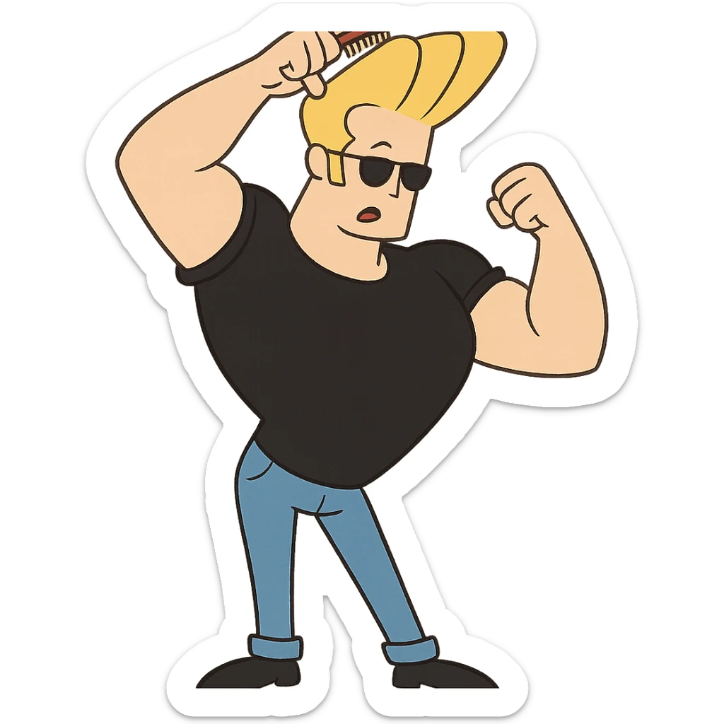 johnny bravo cartoon character, combing his blonde hair, wearing blue jeans and black shoes, cartoon style sticker