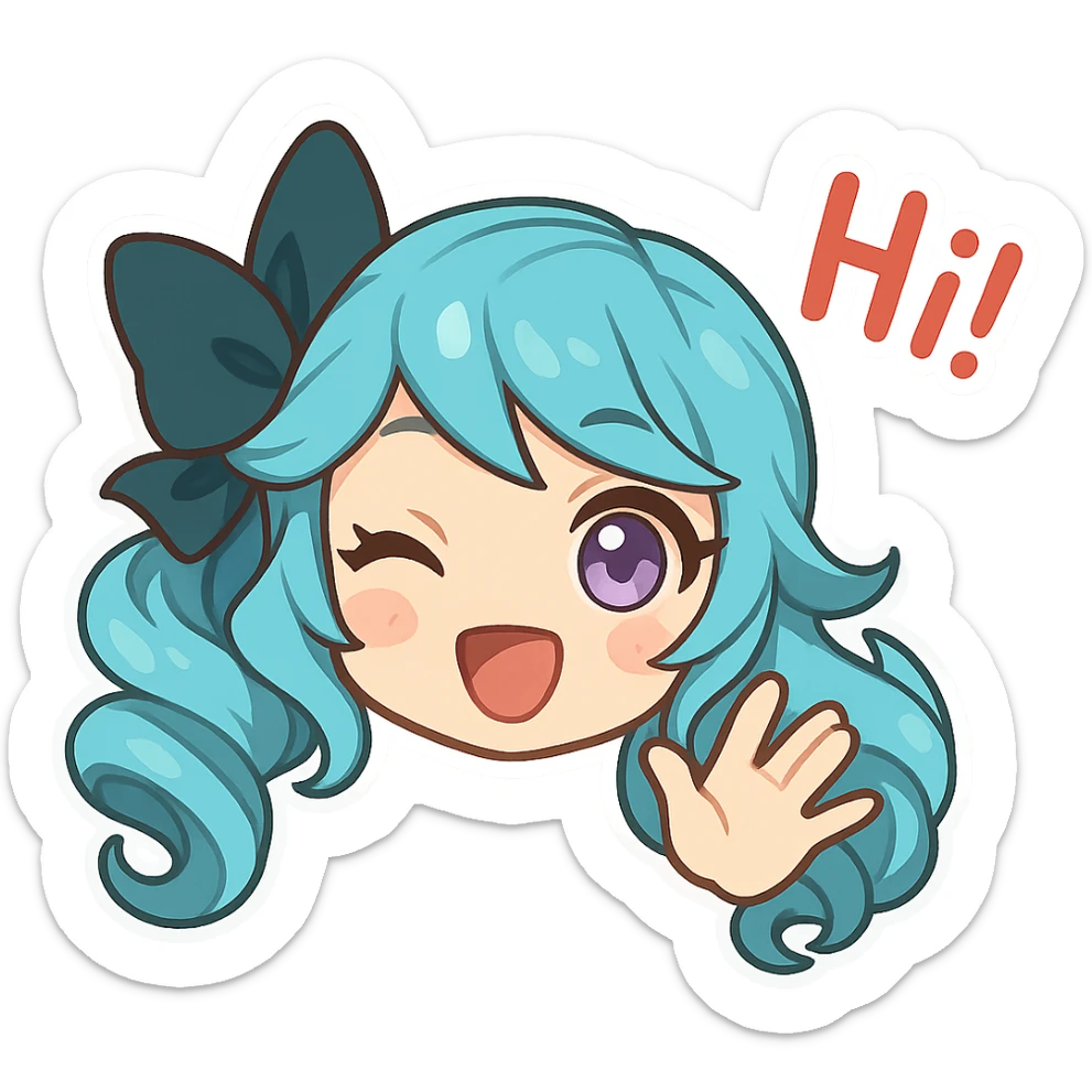 Gwen from League of Legends, chibi emote style, only head and hand visible, right eye purple, high-energy 'hi!' expression, cute and expressive sticker