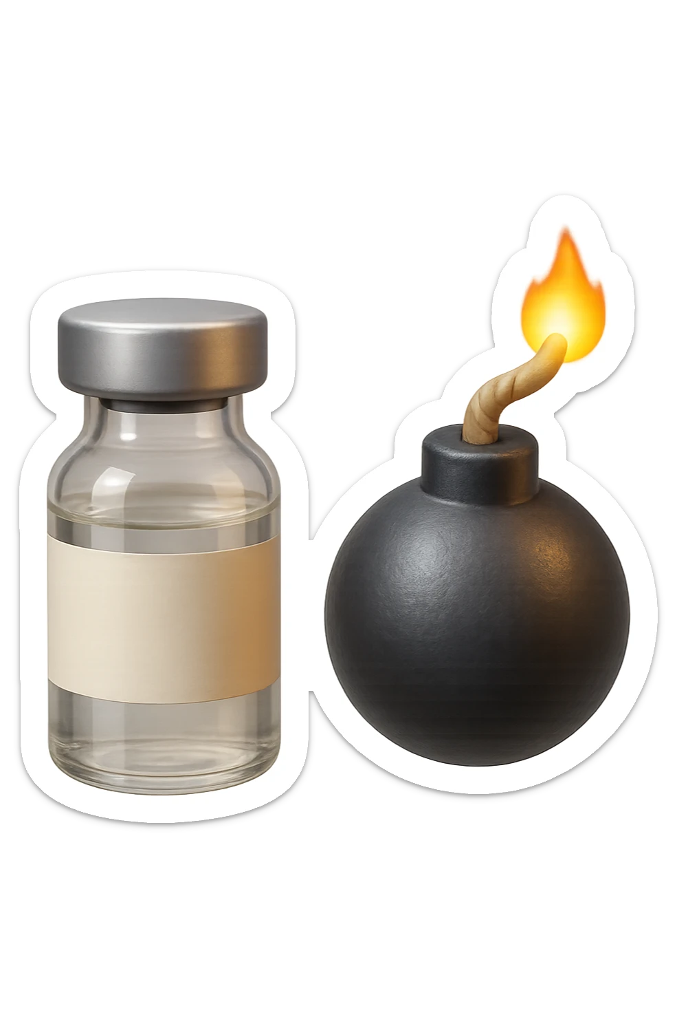 emoji stile iphone 3d di una fiala medica con una bomba vicino, fluttuano in aria insieme, FALLO MOLTO REALISTICO IN 3D sticker