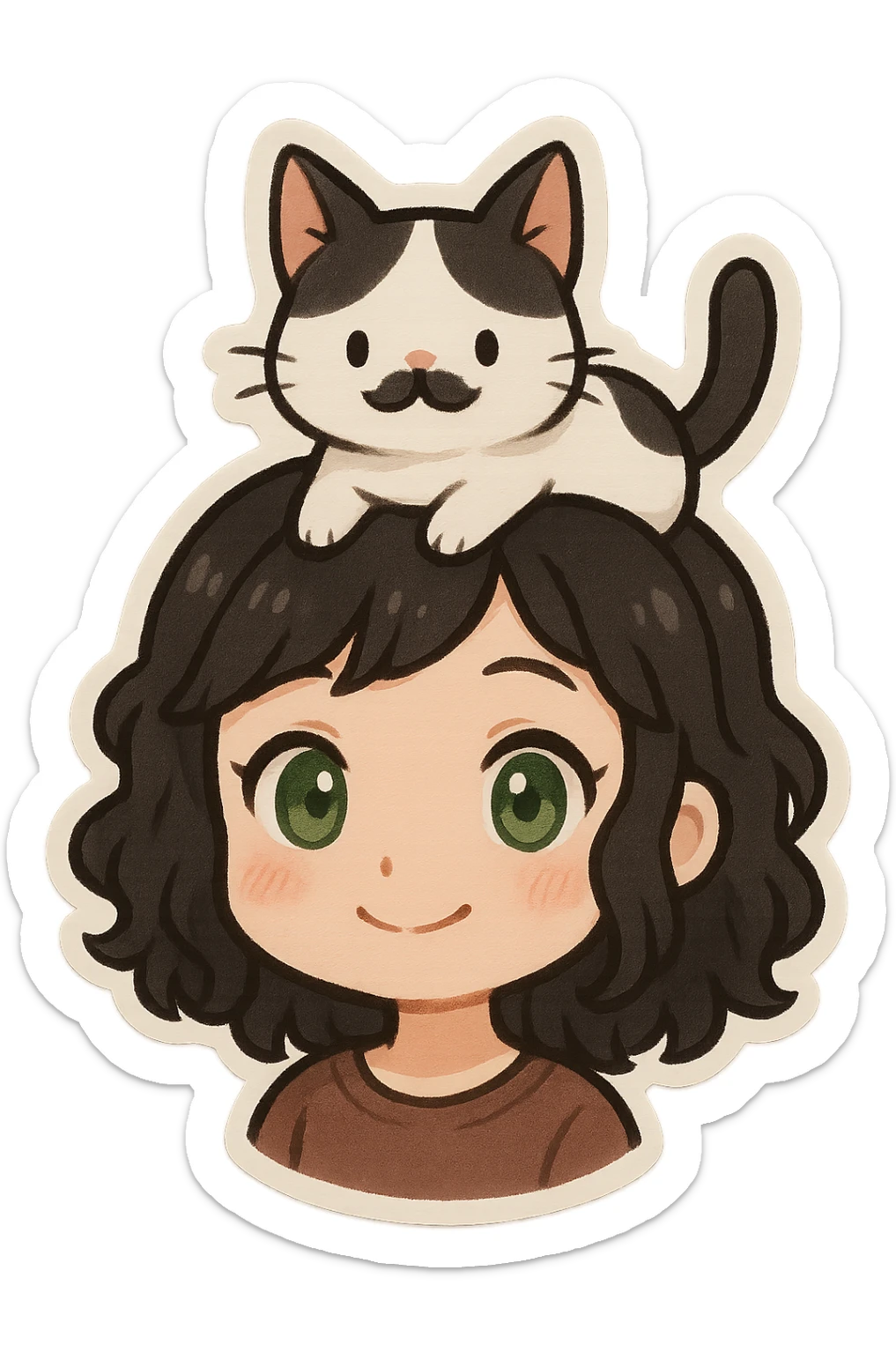 portrait of a white girl with medium-length black curly hair and green eyes, friendly expression, with a white and black cat standing on her head, the cat has a distinctive black stain under its nose resembling a mustache, cute and whimsical style sticker