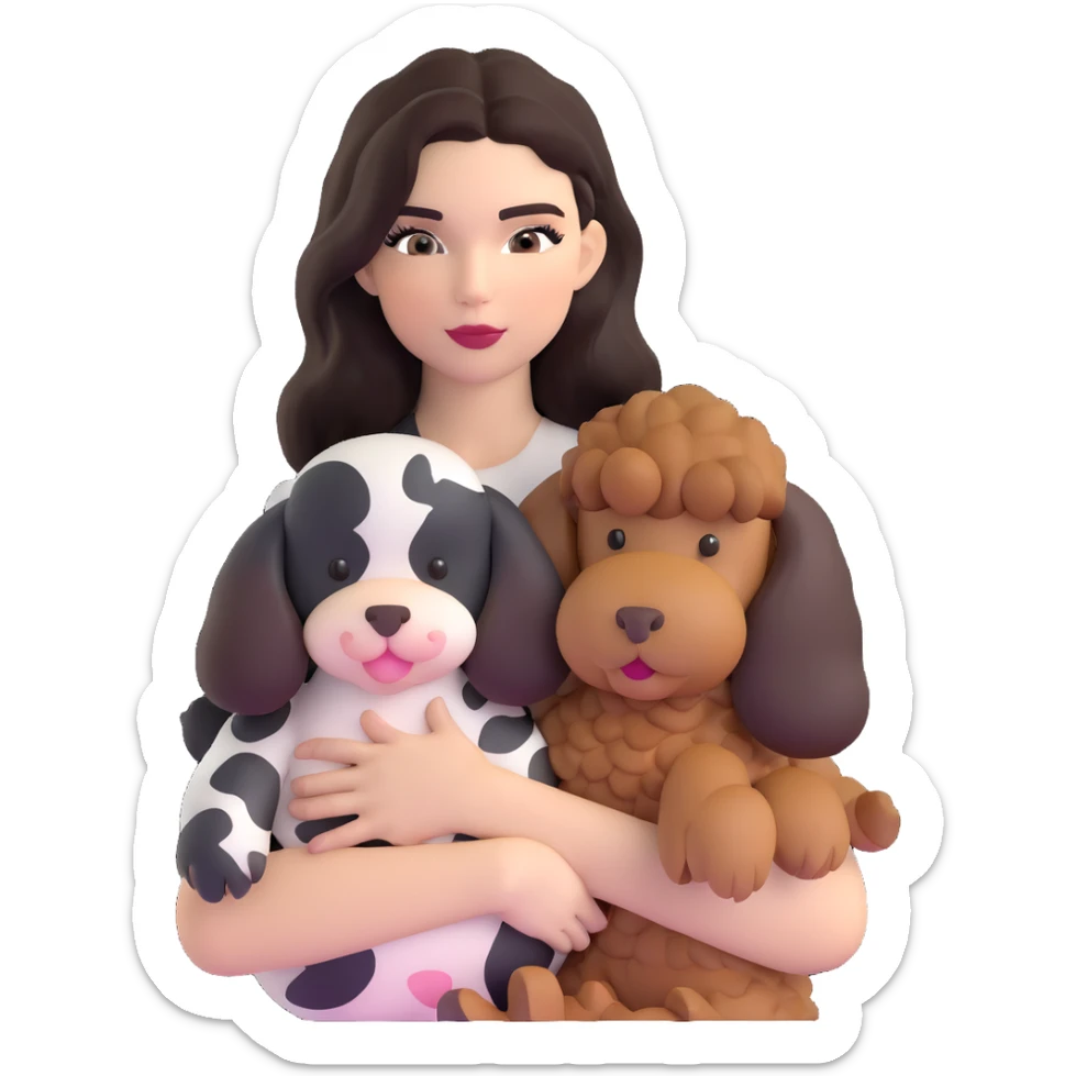 Kendall Jenner with long dark hair holding a brown poodle and a cow cat in her arms sticker