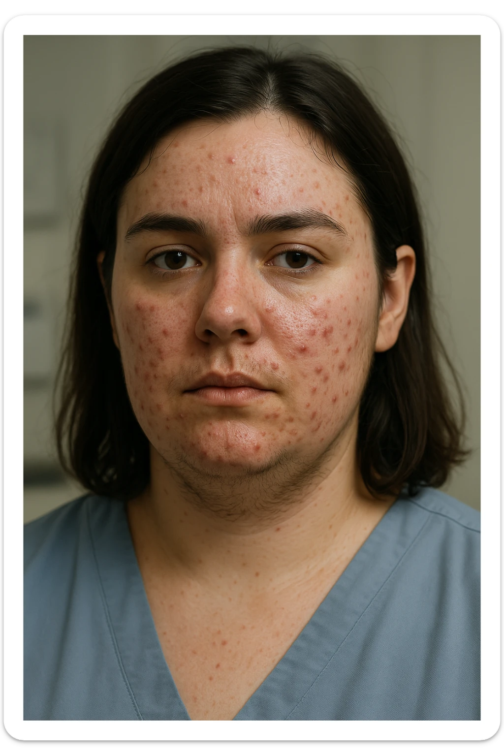 very realistic 3D medical portrait of a woman with PCOS, with acne and hair under chin, clinical details, professional atmosphere, 2:3 aspect ratio sticker