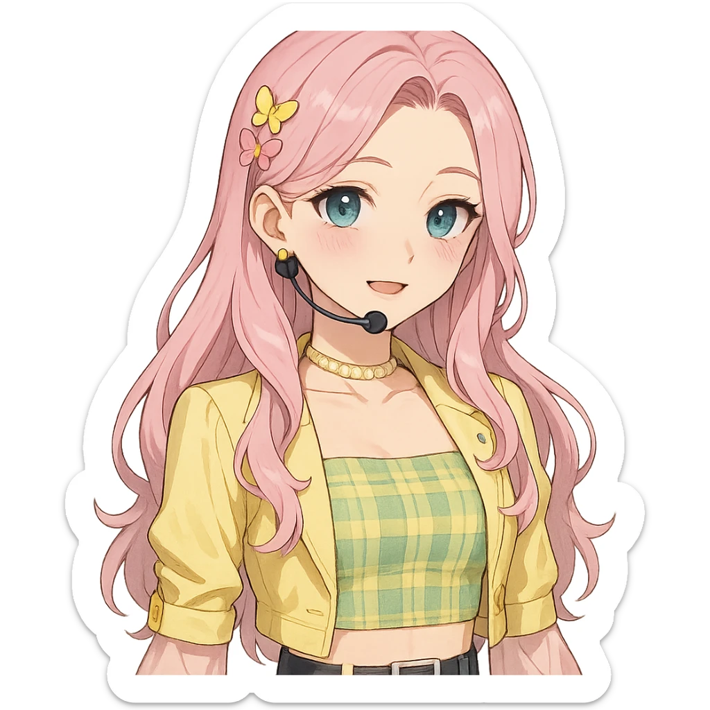 Fluttershy reimagined as a human K-pop idol in anime style, pastel pink hair, trendy stage outfit, soft makeup, transparent background sticker