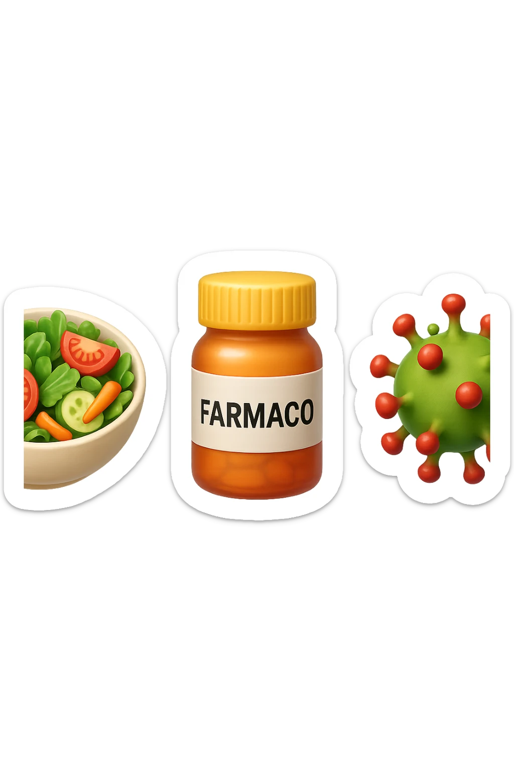 EMOJI STILE IPHONE DI una bowl di insalata, una boccetta di farmaco con la scritta "FARMACO" SULLA BOCCETTA E UN VIRUS, FLUTTUANO IN ARIA, IPERREALISTICO 4K sticker