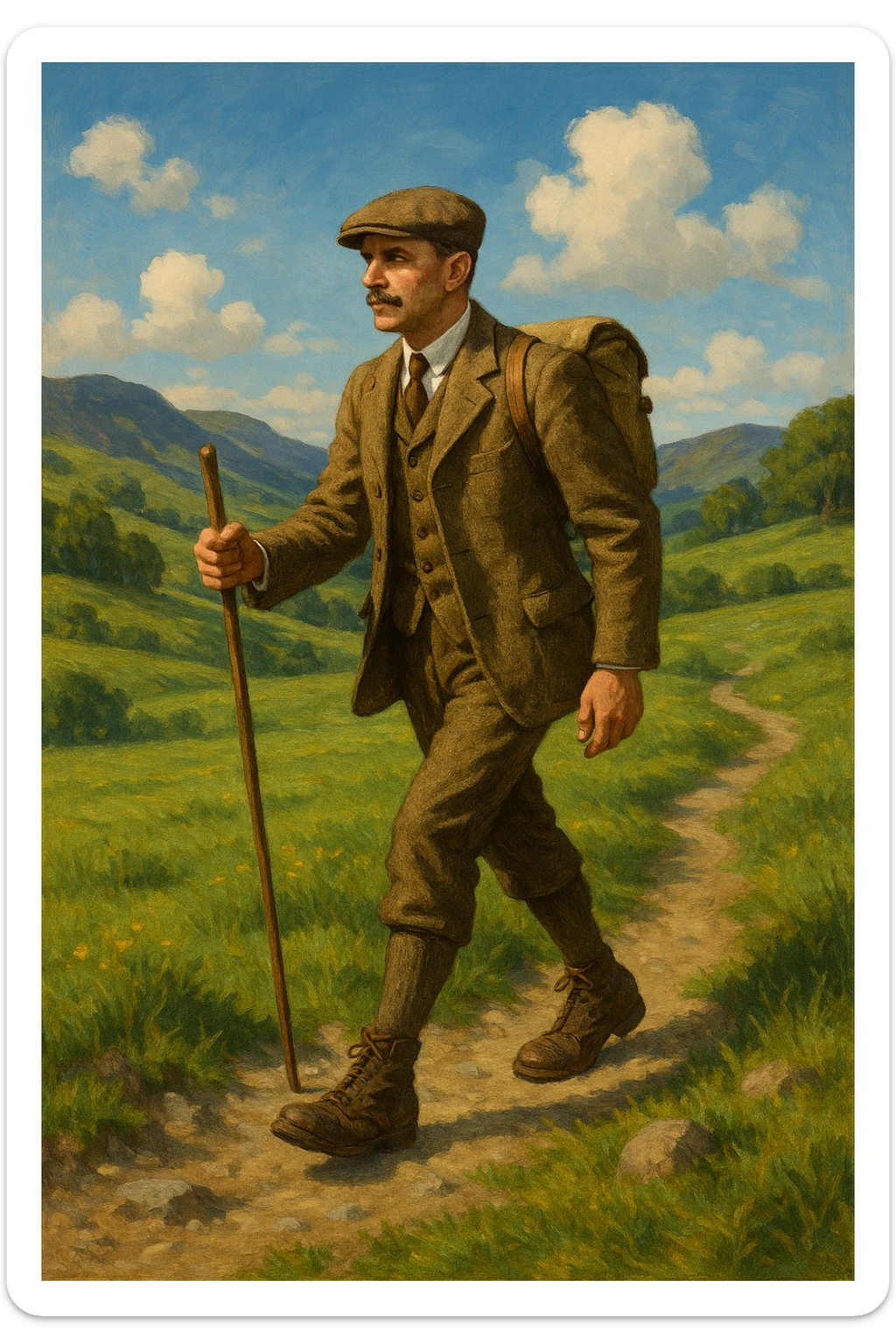 a gentleman hiking, wearing classic outdoor attire, in a scenic landscape sticker