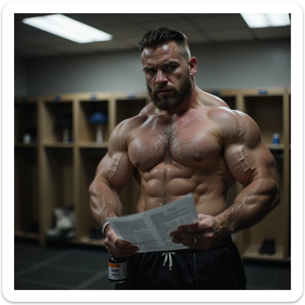 realistic powerlifter in locker room, wearing sportswear, holding a bottle of anabolic steroids (AAS) and reading instructions, uncertain expression, isolated on white background sticker
