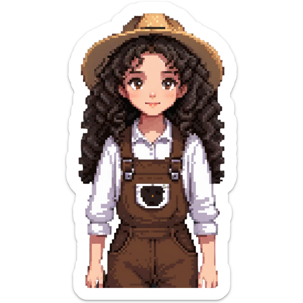 white girl with very curly dark brown hair, brown eyes, wearing farm clothes sticker