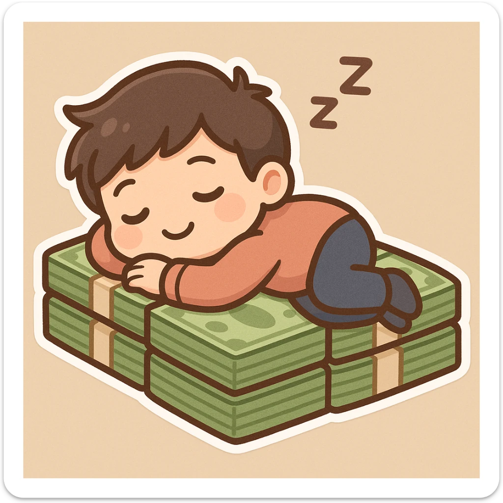 happy person napping on mattress of money sticker