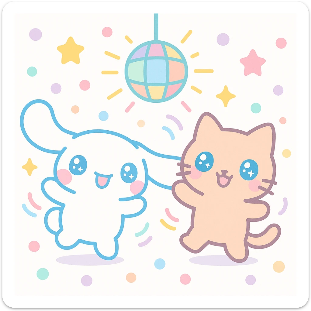 Cinnamoroll and a cat at a dance party, kawaii style, colorful lights, happy dancing, festive mood sticker