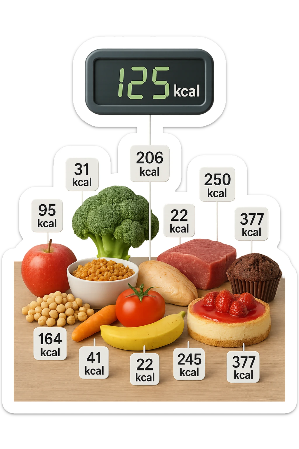 a digital calorie counter hovers above a variety of foods arranged on a table—fruits, vegetables, grains, meats, and desserts. Each food has a floating label showing its calorie content. The background is clean and modern, emphasizing the educational aspect of calorie awareness. sticker