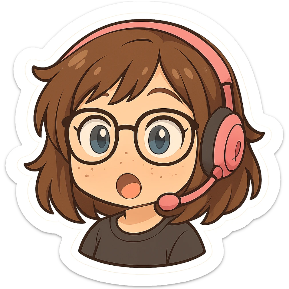 Chibi woman with shoulder length choppy brown hair, pink gaming headset, freckles, glasses, and blue eyes, surprised expression, chibi stickers style, no background. sticker