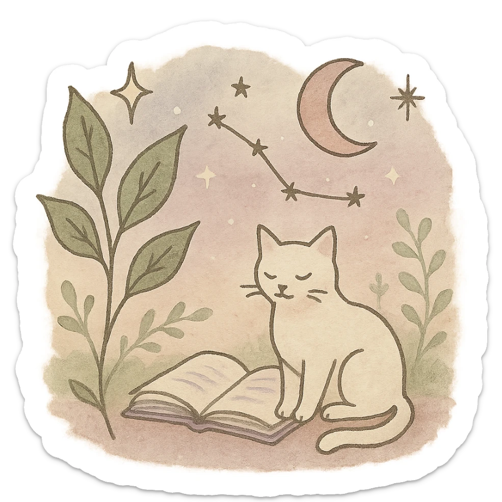 A gentle, poetic digital illustration in the style of “Jardim da Ju”. The scene blends nature, cosmos and tenderness — hand-drawn lines, soft textures, and muted pastel tones (sage green, lilac, rose, cream). Elements like leaves, stars, cats, books, and celestial details coexist naturally. The mood is magical yet grounded, evoking sensitivity, reflection, and quiet intelligence. The lighting is warm and dreamy, with delicate sparkles and organic shapes. Artistic style: watercolor + fine line art, minimal, elegant, emotional and intimate.


(use conforme a IA utilizada)

Mood: magical realism, soft light, emotional, feminine, intellectual

Style keywords: watercolor, fine ink lines, pastel tones, digital illustration, cozy, slow aesthetic, minimal poetic composition

Colors: #9BA48A (verde sálvia), #E6B7B1 (rosa suave), #D0C3CC (lavanda névoa), #F6F1E7 (papel de chá), #2D2D2F (grafite noturno)

Objects recorrentes: folhas, flores, livros, chá, gatos, estrelas, constelações, velas, mãos, janelas abertas, estufas, estantes, sementes, instrumentos musicais

Emoção central: sensibilidade lúcida — calma, introspectiva e real sticker
