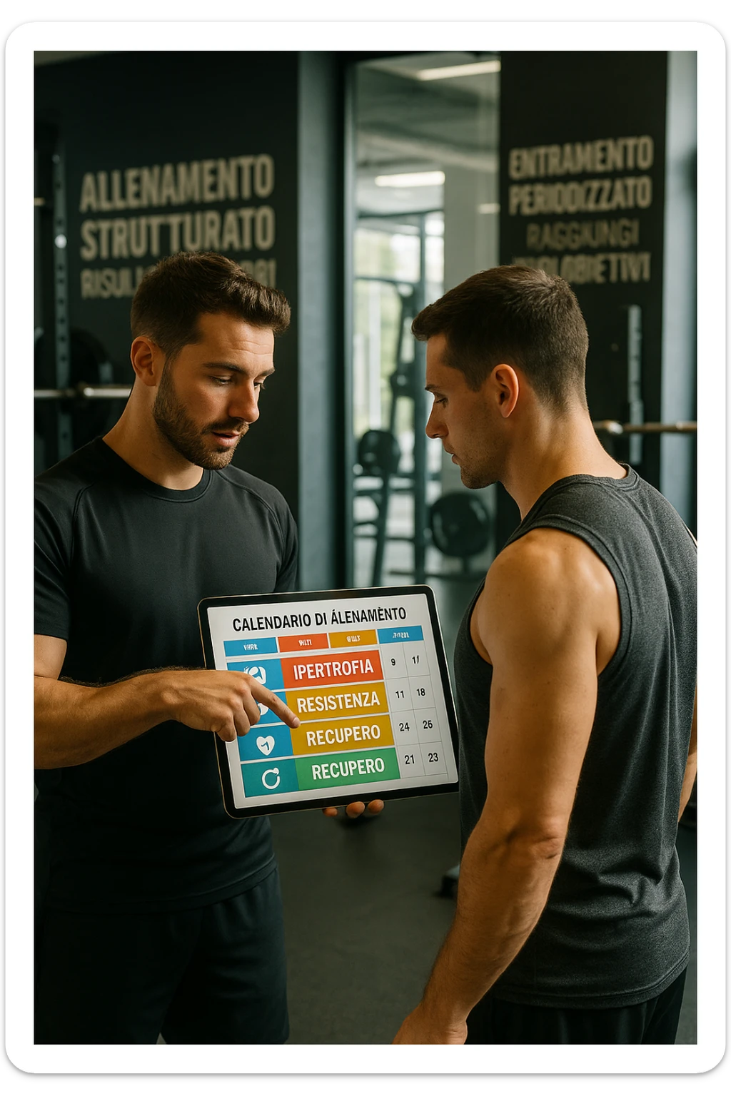 realistic cinematic photo a personal trainer and a client stand in a modern gym, reviewing a large, color-coded training calendar or chart on a tablet. The calendar shows different phases (Forza, Ipertrofia, Resistenza, Recupero) with icons and dates. Around them, gym equipment and motivational posters reinforce the idea of structured, periodized training. in italiano sticker