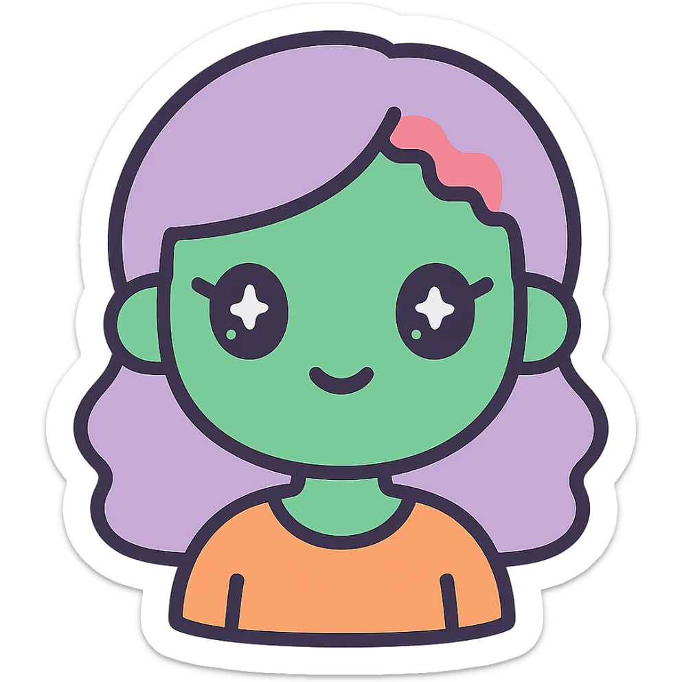 Make the female zombie's skin green, keep the original style exactly as is, no background. sticker