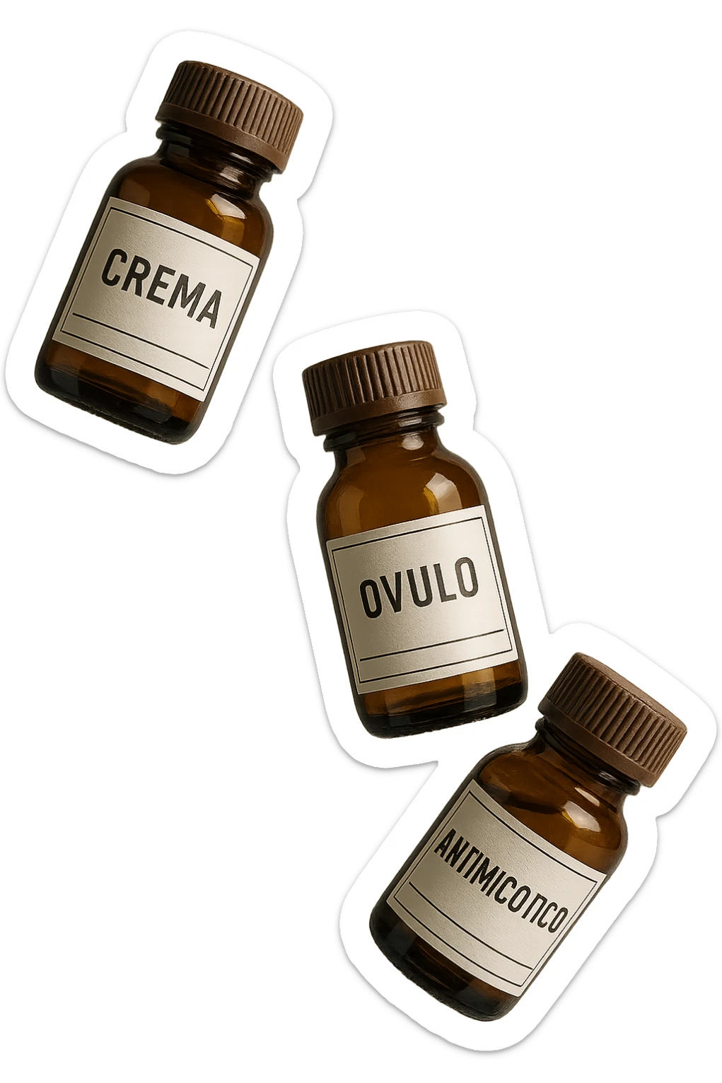 boccette di farmaci fluttuano in aria con le scritte: crema, ovulo o antimicotico in italiano sulle etichette, IPERREALISTICO 4K sticker