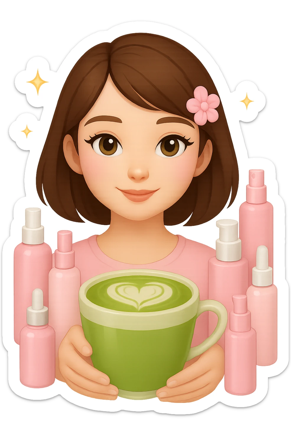 Create an Apple emoji style profile picture of a girl with short dark brown hair and brown eyes, pink soft girl aesthetic, holding a matcha latte, surrounded by pink skincare and makeup, sparkles, with a different accessory such as a hair clip or headband. The style should mimic Apple emojis with a soft and polished look. sticker