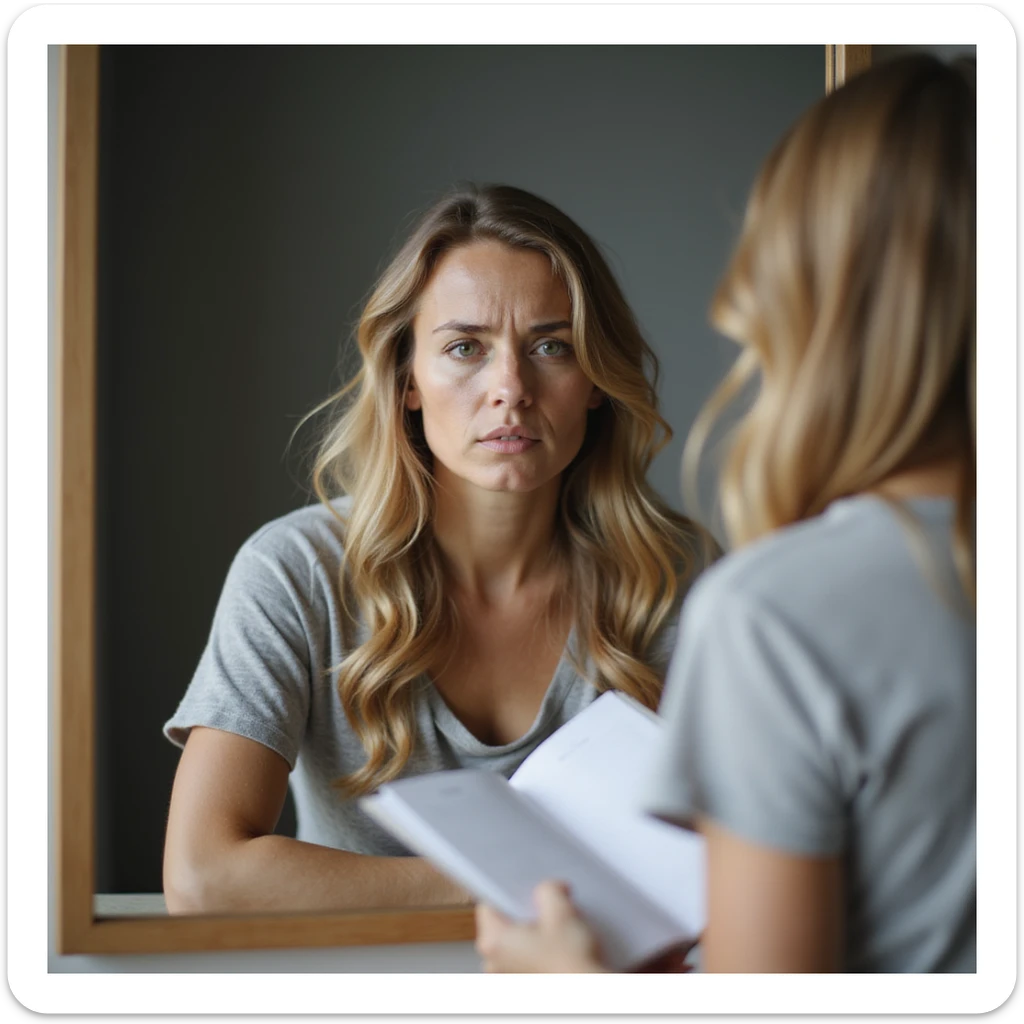 adult woman, photorealistic, diet plateau phase, sitting in front of mirror, open food diary, fixed and discouraged gaze, natural light, bedroom background sticker