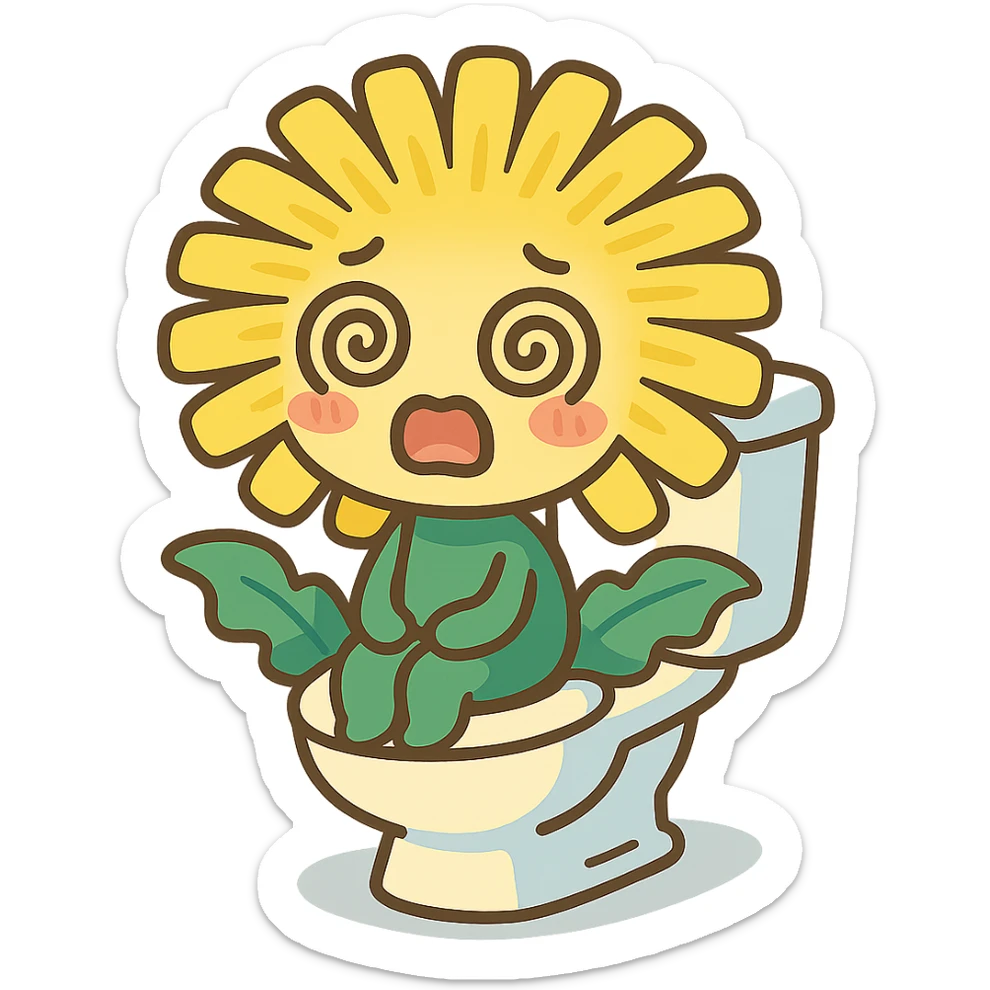 lemon yellow dandelion flower with a shocked face, sitting on a toilet with swirls in the eyes, soft colors, chibi expression sticker